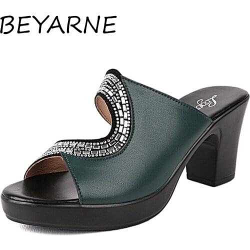 BEYARNE 2021Fashion Peep Toe High Heels Shoes Women Slippers Leather Luxury Designer Ladies Street Beach Sandals Slides Shoes