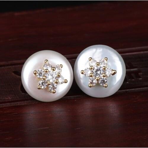 White cz micro pave tiny gold star snowflake natural coin freshwater pearl bead charm elegant button stud earring for women