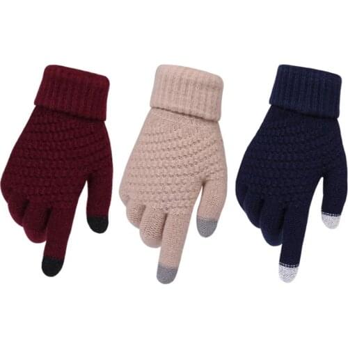 Womens Winter Touch Screen Gloves Thicken Warm Knitted Stretch Gloves Imitation Wool Full Finger Outdoor Skiing Gloves