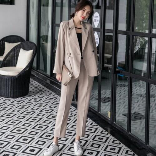 Women 2 Pieces Set Double Breasted Khaki Blazer & High Waist Pant Suit Fashion Female Jacket Workwear Sets Female Suit 2019