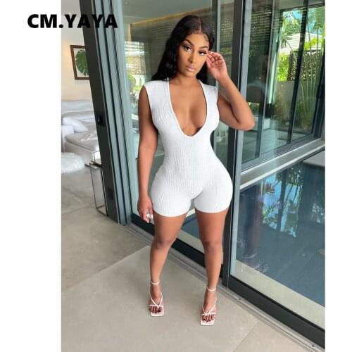 CM.YAYA Women Playsuit Solid Sleeveless V-neck Back Zipper Sheath Elastic Bodycon Playsuits Female Casua Sexy Outfit Summer 2021
