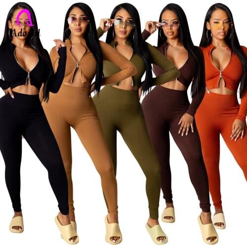 Plain Color Women 2 Piece Set Ribbed Stretchy Zipper Long Sleeve Crop Top + Skinny Pencil Leggings Streetwear Autumn Slim Outfit