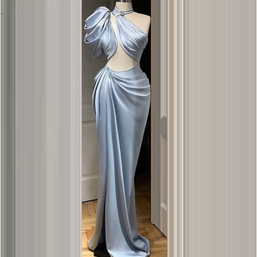 2021 Simple Women Ice Blue Slim Satin Mermaid Formal Party Prom Dress Evening Dresses with High Slit