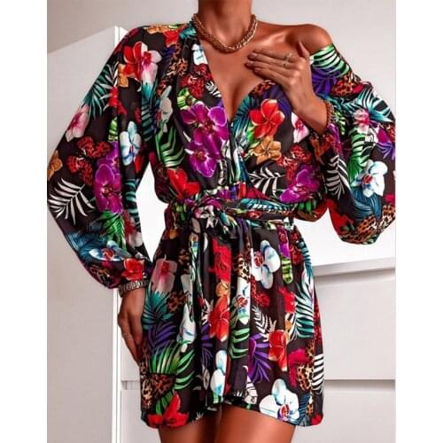 Casual Lace-up Belted Robe Mini Dress Elegant Floral Pattern Lantern Sleeve Beach Party Dresses Women Fashion V-Neck Boho Dress