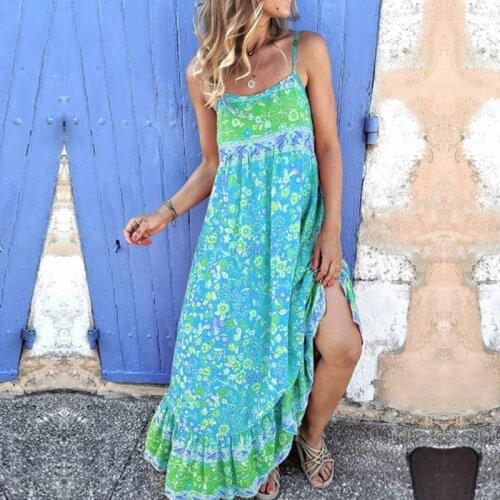 Summer Floral Dress Women 2021 Boho Spaghetti Strap Backless Maxi Dresses Sleeveless Big Hem Flowy Evening Party Dresses Vestido