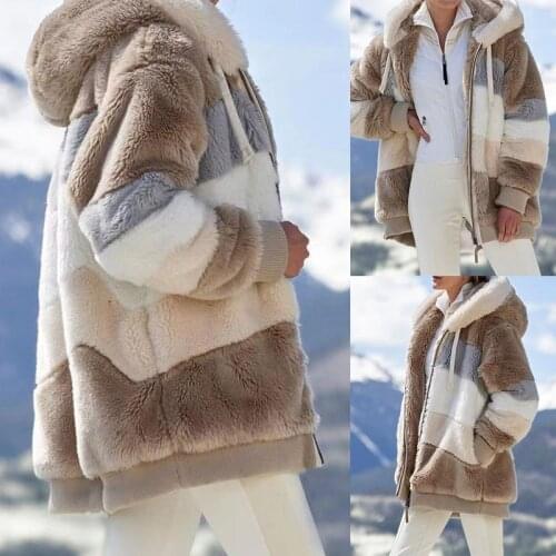 Womens Winter Warm Patchwork Hooded Coat Fashion Multicolor Loose Plush Coat Hot Sale Autumn Winter