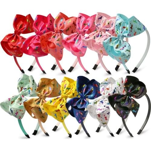 1 Piece Hot Stamping Unicorn Bows Hairbands Cartoon Print Grosgrain Ribbon Hair Bows with Plastic Hair Bands For Girls
