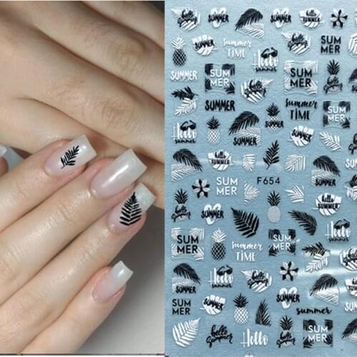 1pc Summer 3D for Nail Sticker Designs Laser Black White Flower Leaf Series Decorations Nail Art Sticker Decals