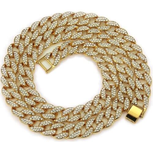 15mm wide Hip Hop Bling Iced Out Rhinestones Cuban Miami link Chain Necklaces for Men Rapper Jewelry Gold Silver Color