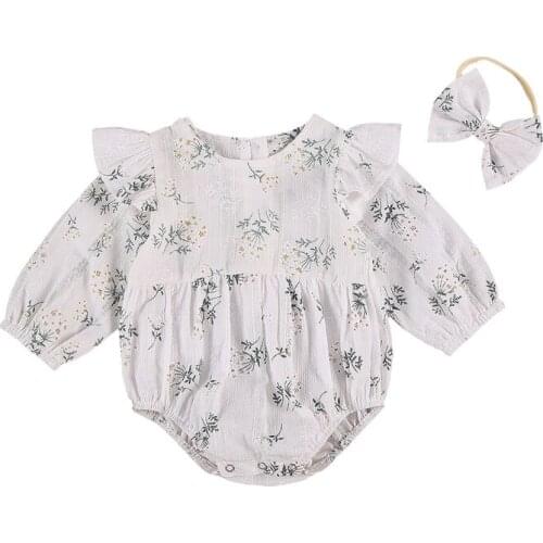 2pcs Infant Newborn Baby Girls Floral Jumpsuits Fly Long Sleeve Playsuits Spring Autumn Romper With Headband
