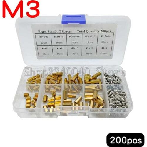200pcs M3 Hex Nut Spacing Screw Brass Threaded Pillar Hexagonal Stud Spacer Hollow Pillars PCB Motherboard Standoff Spacer Kit