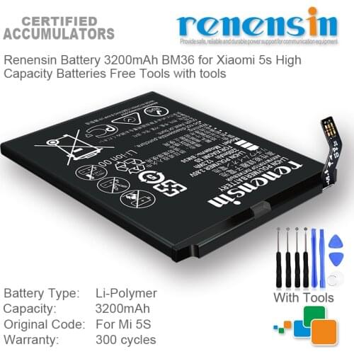 Renensin Battery 3200mAh BM36 for Xiaomi 5s High Capacity Batteries Free Tools with tools