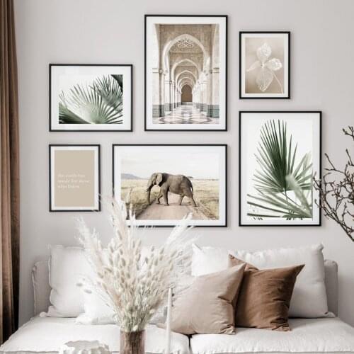 Arches Elephant Dried Flower Green Palm Leaves Nordic Poster Wall Art Print Canvas Painting Wall Pictures For Living Room Decor