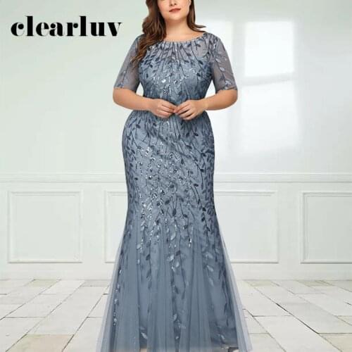 Shining Sequin Women Party Dresses DR1577 Pattern Mermaid Long Vestidos De Fiesta O-Neck Short Sleeve Elegant Evening Dress 2020