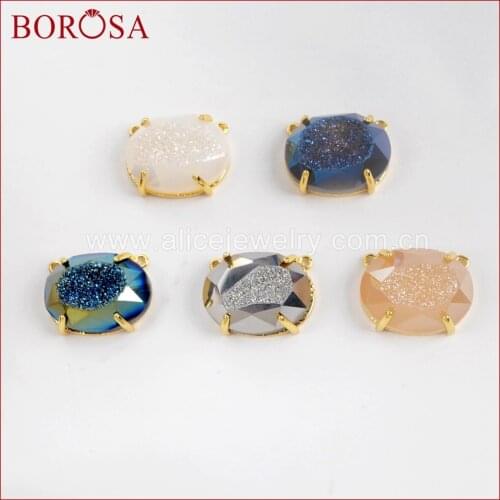 BOROSA 5/10PCS Oval Gold Color Claw Rainbow Titanium Druzy Faceted Connectors, Mixed Color Drusy stone Gems for Necklace ZG0314