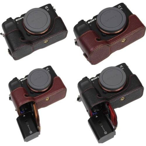 Camera Bag Genuine Leather Half Body Set Cover For Sony A7C Alpha 7C ILCE-7C Bottom Case With Battery Opening Black Coffe