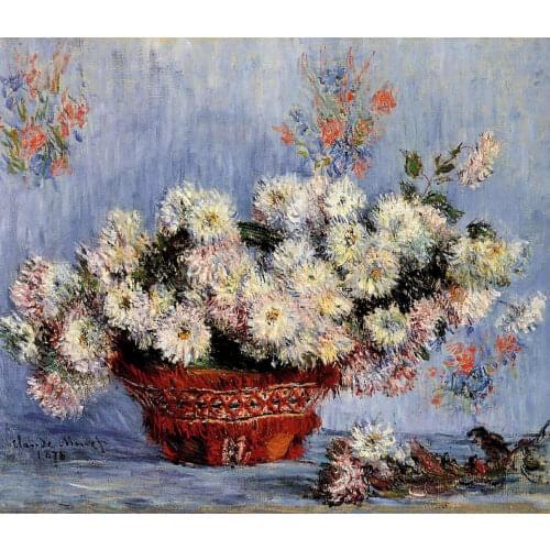Canvas Flower Oil Painting Reproduction Still Life Chrysanthemums, 1878 by Claude Monet Painting for Kitchen Wall Decor Handmade