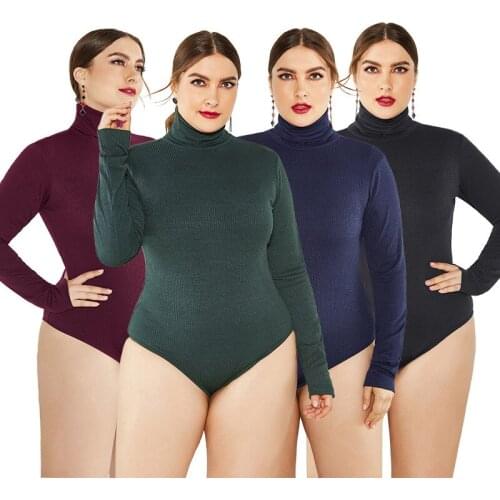 Plus Size Women Elegant Turtleneck Long Sleeve Knitted Bodysuits Autumn Winter New Solid Casual Bottoming Short Jumpsuits Female
