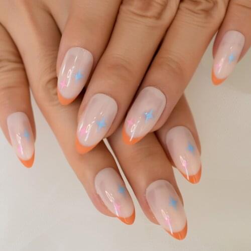 Meidum Size Almond Sharp Edge Nail Tips With Stars Design Full Cover Nail Supplies For Professionals Colorful Flase Fingernails