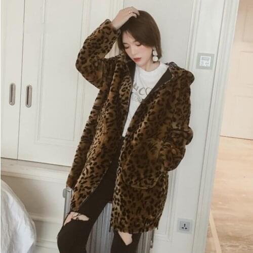 Zoulv Winter Fashion Windbreaker Female Hooded Long Sleeve Large Size Loose Outwear Women Faux Fur Coat Long Leopard Jacket