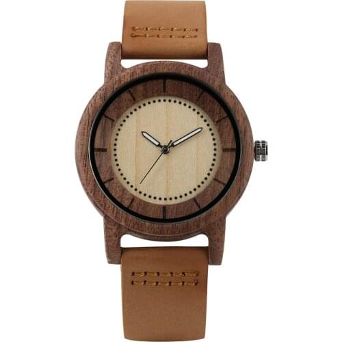 Mens Quartz Wooden Watch Practical Luminous Pointers Dial Wooden Watches for Boys Leather Strap Wooden Wristwatch for Husband