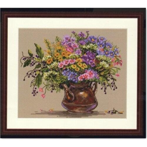 Wildflower vase cross stitch kit colorful flowers design 14ct 11ct linen flaxen canvas embroidery DIY needlework