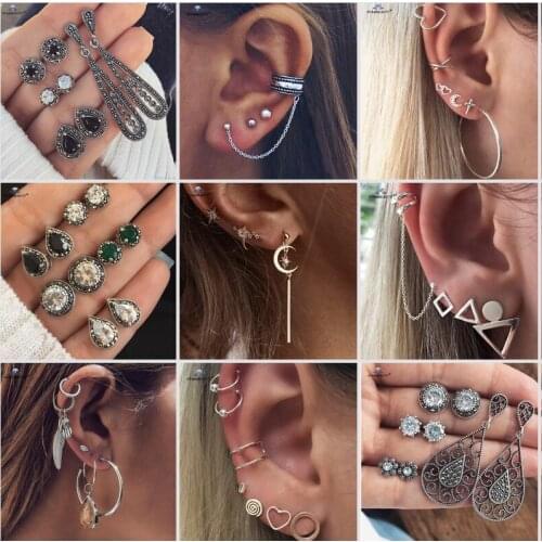 Only 1 set Star Moon Leaf X Cross Heart Cuff Earrings Set Hoop Ear Piercing Helix Piercing Tragus Water Drop Fake Piercing Oreja