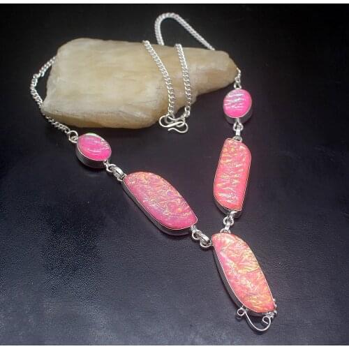 Gemstonefactory Jewelry Big Promotion Single Unique 925 Silver Pink Shiny Dichroic Glass Women Links Necklace 50cm 20210070