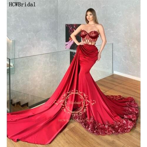 Long Train Red Mermaid Luxury Evening Dress 2021 Beads Lace Illusion Satin Sweetheart Sexy Women Special Occasion Gowns