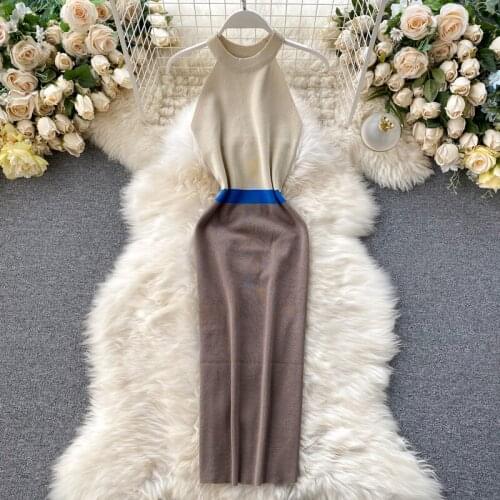 Sexy Knitting Bodycon Dress Color Block Halter Neck Sleeveless Slim Fit Midi Calf Wear To Work Party Sheath Pencil Dress