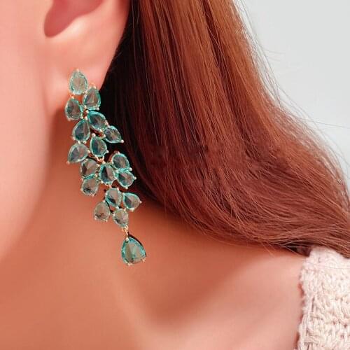 New Fashion Elegant Green Zircon Leaves Long Tassels Dangle Earrings for Women Party Jewelry