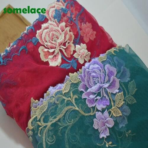 1Y,2Yds,5Yds/lot)red~green gauze beautiful color embroidery flo Hight quality lace fabrics embroidered lace trim