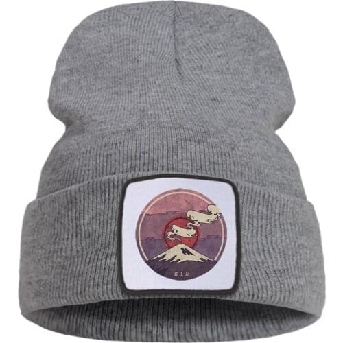 Fuji Mountain Cartoon Print Knitted Cap Wool Flexible Brimless Hats Unisex Thick Soft Beanie Caps Cotton Street Hedging Hat