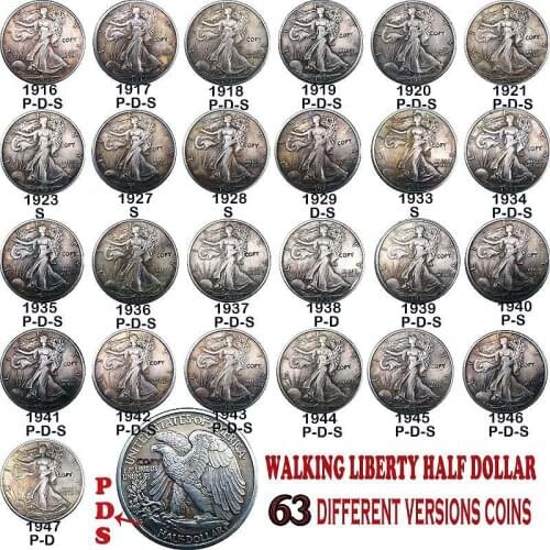 63pcs 1916-1947 USA Full Set Walking Liberty Half Dollar Copy Coins Old Colors Decorated Coins