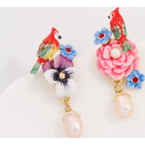 Jaeeyin 2021 New Arrivals Vintage Hand Made Enamel Bird Flower Freshwater Pearl Gold Color Earrings Gifts Children Girl Women