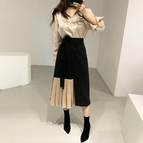 JSXDHK Korean Spring 2 Piece Set Women Fashion Puff Sleeve Loose Shirts + Color Contrast Patchwork Lace UP Pleated Skirts Suit