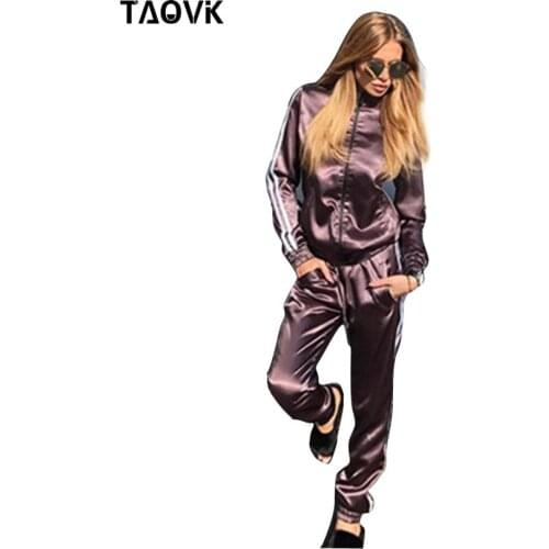 TAOVK Women Costumes Striped Patchwork Silk Tracksuit Long Sleeve Zipper Jacket and Long Pants 2-piece Sets