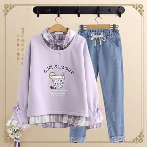 Ladies Summer Suit Set Spring and Autumn Thin Sweater All-match Jeans Two-piece Two-piece Womens Pants Set