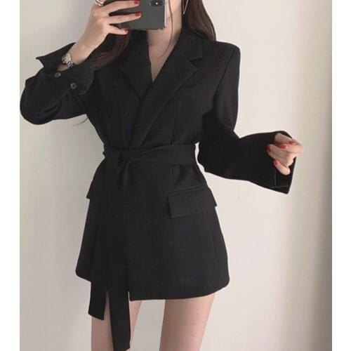 New Autumn Winter Women Blazer Office Ladies Lace Up Notched Formal Outwear Elegant White Black Tops