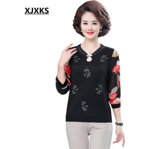 XJXKS Exquisite diamond women three-quarter sleeve thin sweater 2020 autumn new loose plus size casual women wool sweater