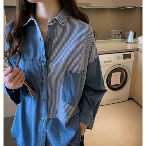 #2009 Spliced Color Striped Denim Shirt For Women Long Sleeved Casual Loose Retro Asymmetrical Vintage Shirt Female Plus Size