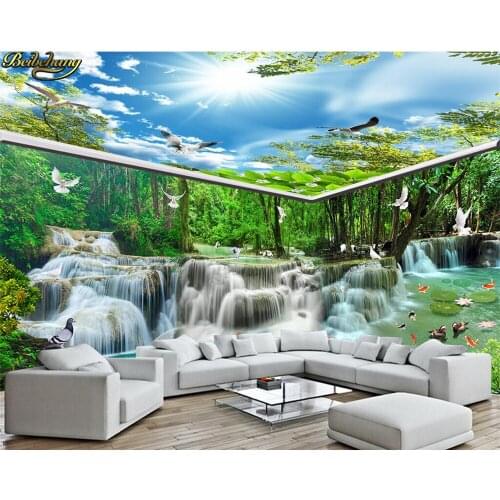 Beibehang Custom Large Mural 3d Wallpaper Waterfall Flow Forest Crane White Pigeon House Background Wall Painting Theme Room