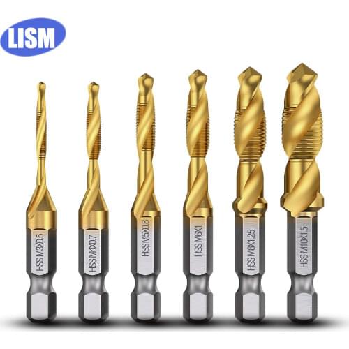 6PCS Hex Shank Titanium Plated HSS Screw Thread Metric Tap Drill Bits Threading Tool with Chamfer M3 M4 M5 M6 M8 M10