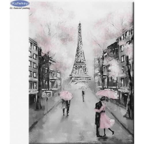 5D Diy diamond painting Pink Umbrella Rainy Day Landscape wedding decoration embroidery mosaic Romatic Couple Paris Tower
