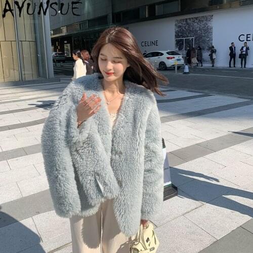 AYUNSUE Winter Sheep Shearing Real Fur Coat Short Woman Jacket with Scarf Female Parkas Clothing Abrigos Para Mujer 2021 New