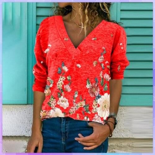 Flower Print Oversized T-shirt Womens Long-sleeved T-shirts Autumn and Winter Casual V-neck Loose Top Female Plus Size Tops