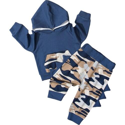 2 Pieces Kids Suit Set Spring Camouflage Print Long Sleeve Hooded Tops with Pocket+ Trousers for Boys 6-24 Months