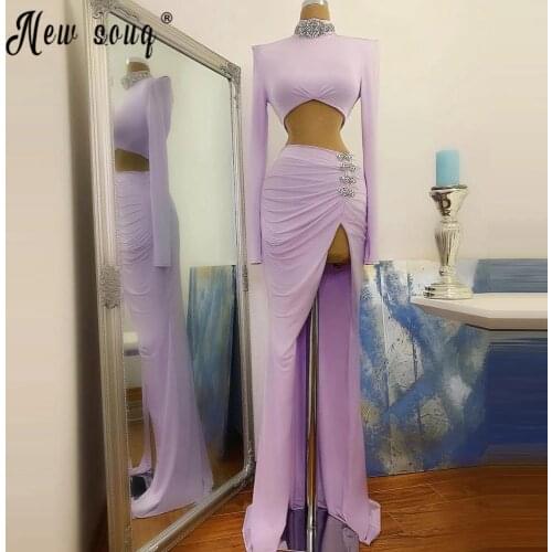 Lavender Crystals Beads Satin Long Evening Dress High Neck Long Sleeve Mermaid Prom Dresses with High Split Side Mermaid Pageant