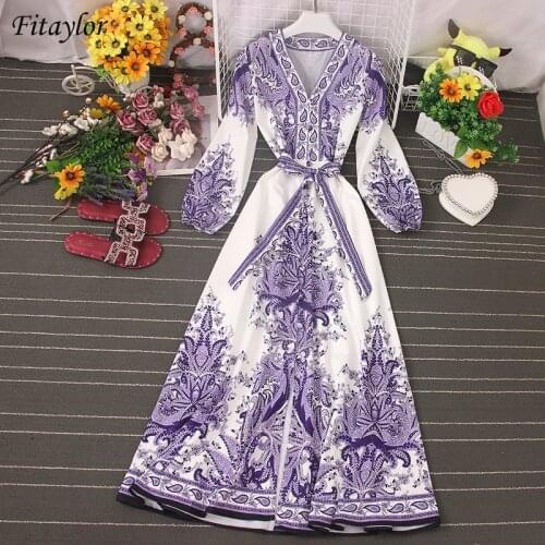 Fitaylor 2021 Spring Women New V Neck Long Sleeve Print Chiffon Lace-up A-line Dress Casual Waist Slim Vacation Beach Dress