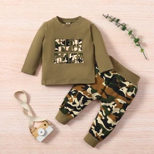 FOCUSNORM 2pcs Infant Baby Boys Autumn Clothes 0-3Y Letter Camouflage Printed Long Sleeve Pullover Tops Pants